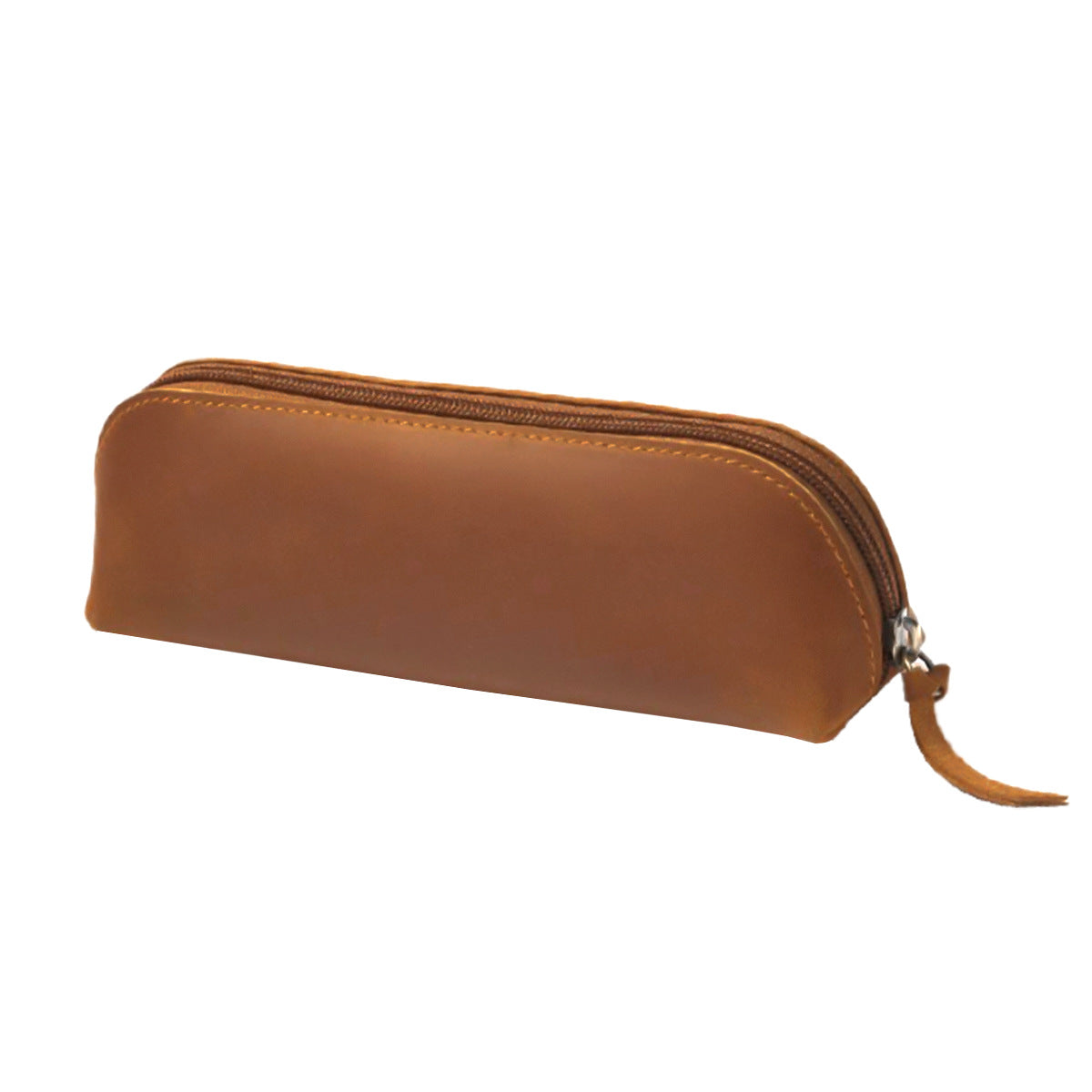 Brown Leather Rounded Zippered Pencil Case